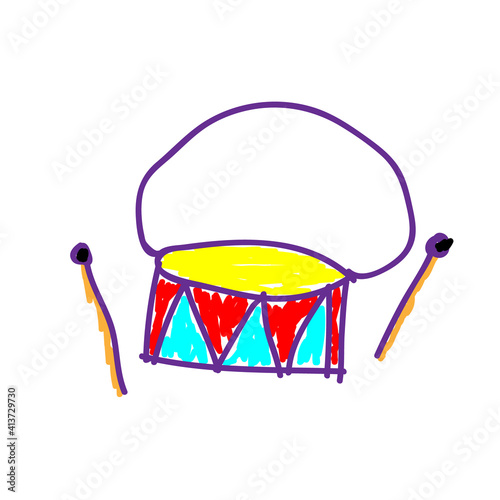Drum percussion musical instrument in a deliberately childish style. Child drawing. Sketch imitation painting felt-tip pen or marker. Vector illustration