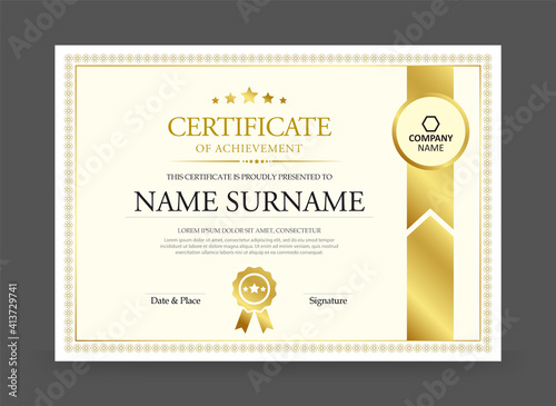 Certificate design with modern border template. Clean simple certificate with gold badge.