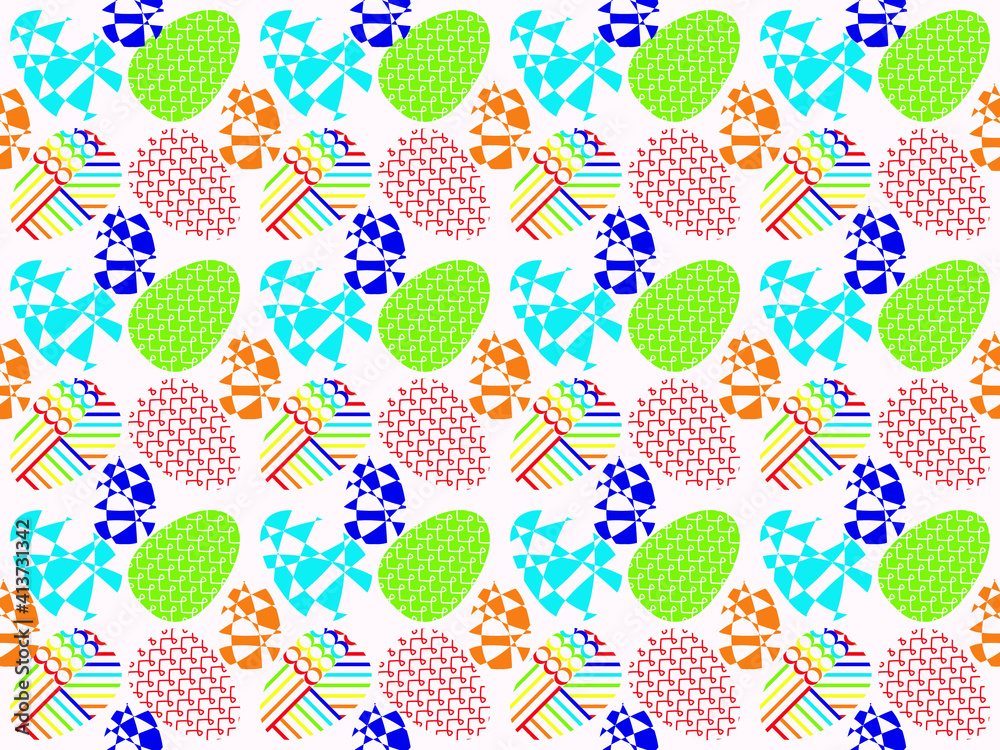 Vector graphics - a rhythmic pattern with colorful eggs with a beautiful bright ornament on a white background. Concept-Easter holiday