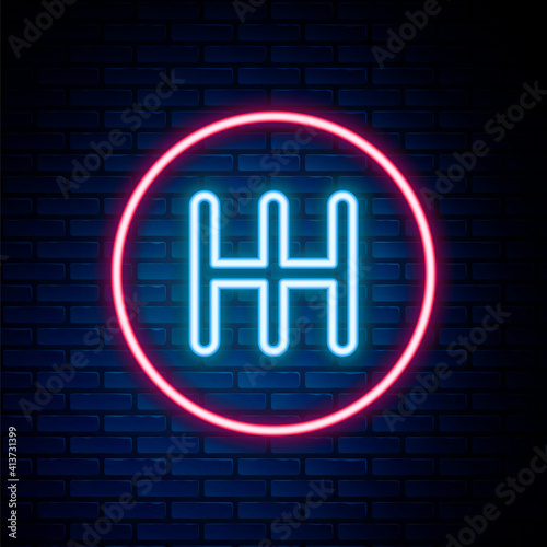 Glowing neon line Gear shifter icon isolated on brick wall background. Transmission icon. Colorful outline concept. Vector.