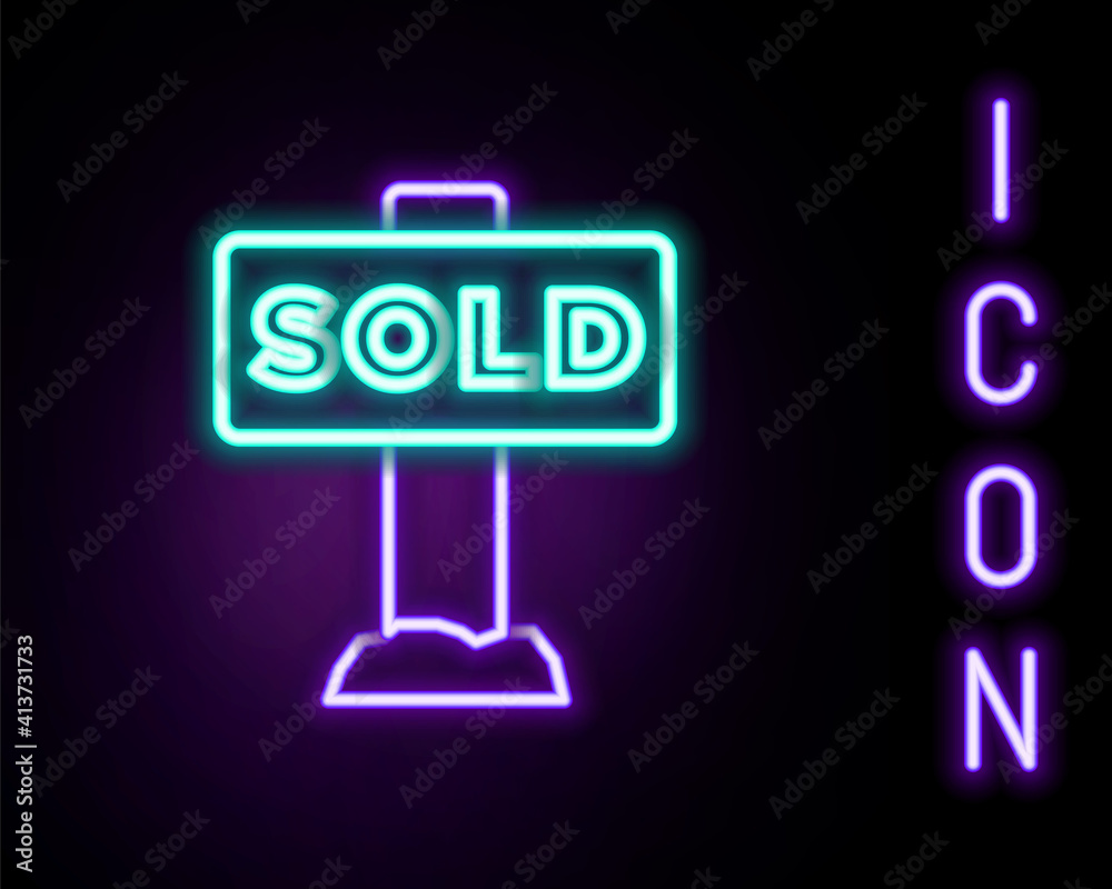 Glowing neon line Hanging sign with text Sold icon isolated on black background. Sold sticker. Sold signboard. Colorful outline concept. Vector. Glowing neon line Hanging sign with text Sold icon isolated on black background. Sold sticker. Sold signboard. Colorful outline concept. Vector.
