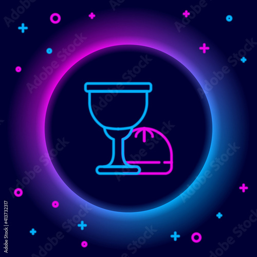 Glowing neon line Holy grail or chalice icon isolated on black background. Christian chalice. Christianity icon. Colorful outline concept. Vector.