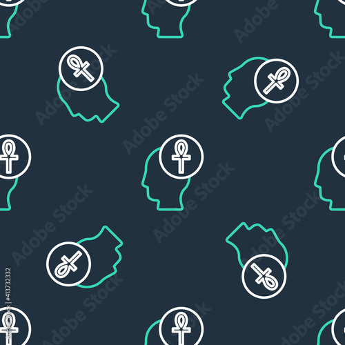 Line Cross ankh icon isolated seamless pattern on black background. Vector.