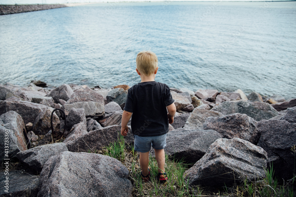 Rear view of boy standing at rocky beach