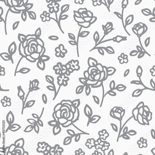 Seamless pattern with abstract garden roses, with stems, buds and leaves silhouette. Background with blossoming gray outline flowers. Vintage floral hand drawn wallpaper. Vector illustration.