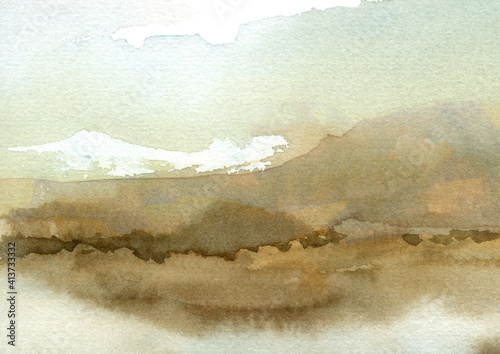 Neutral brown hill and sky watercolor landscape abstract background with paper textured hand drawn and painted 