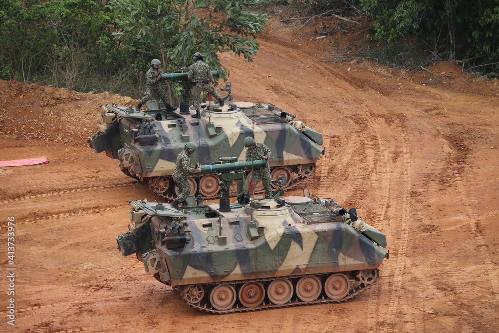 Fototapeta premium Kuala Lumpur, Malaysia, circa 2016. Malaysian Army tanks and vehicles during annually fire power demonstration.