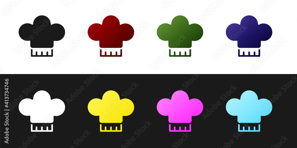 Set Chef hat icon isolated on black and white background. Cooking symbol. Cooks hat. Vector.