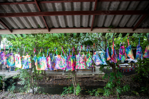 Handbags Hanging to Dry from Dyeing at Tourist Stop on Bang Krachao photo