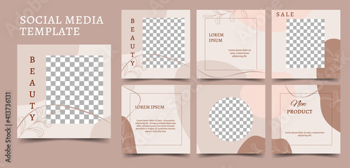Vector template for social media networks, advertising promotion, brochures. Square postcards in brown, beige colors. Place for text and photo