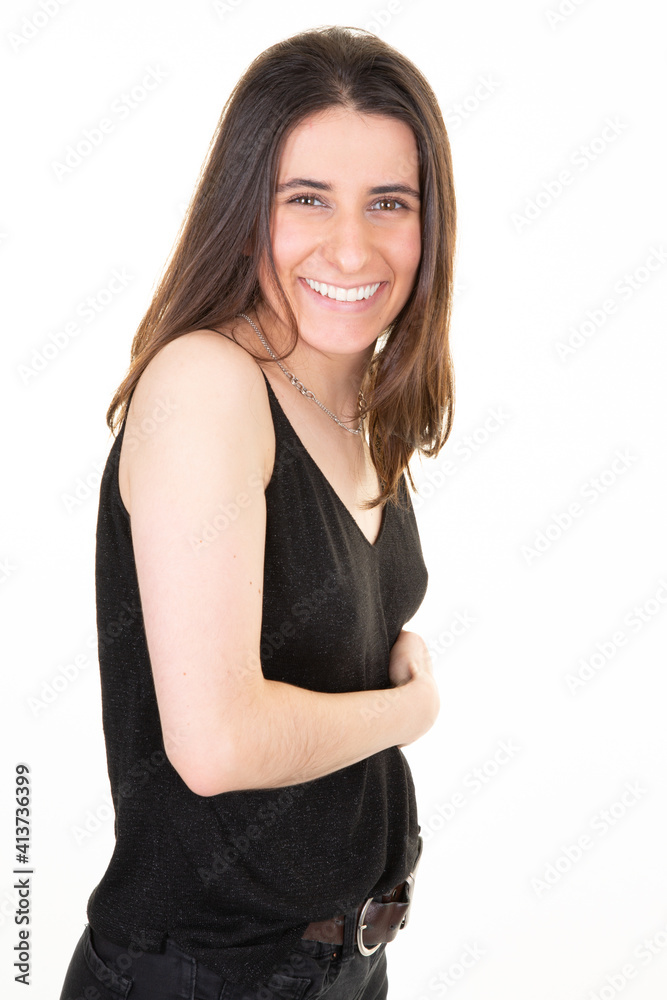 Young cute cheerful slim woman confident keeping hand on hips Young cute cheerful slim woman confident keeping hand on hips
