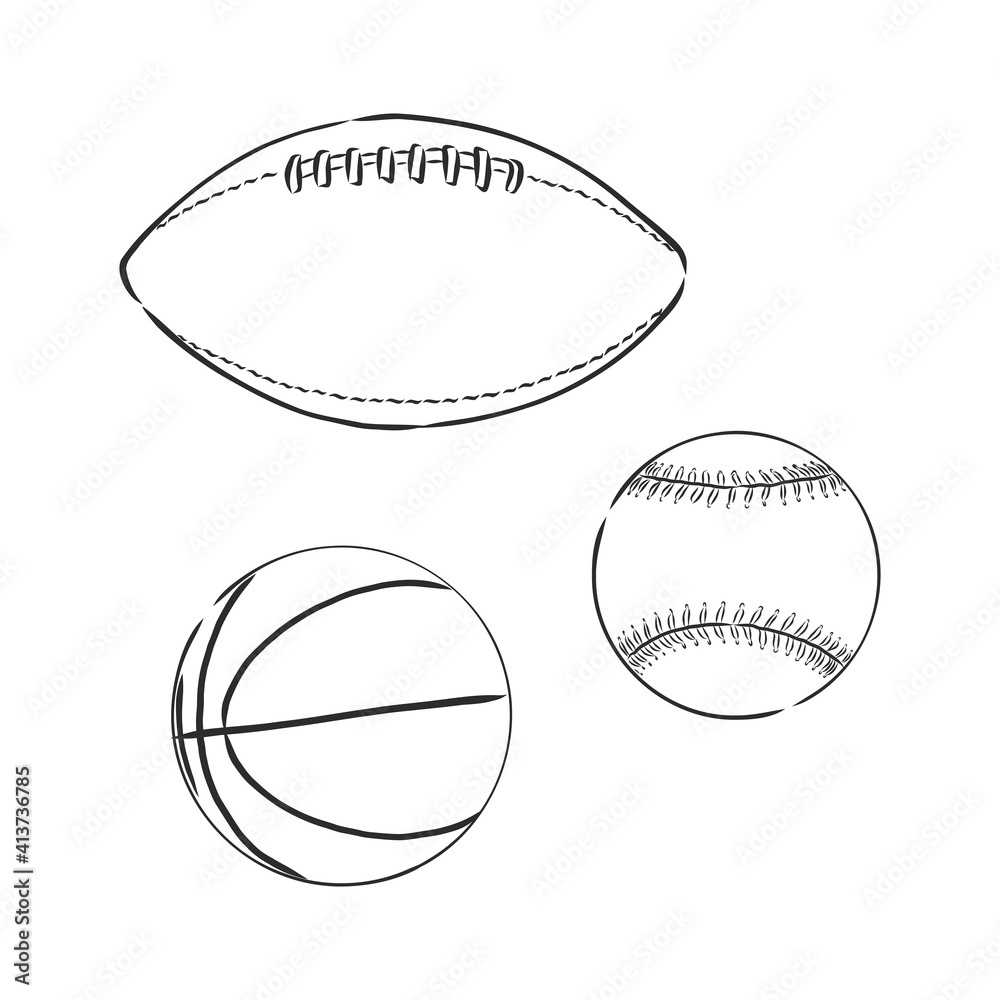 vector sketch illustration - sport balls: basketball, rugby, baseball, sports balls, rugby, baseball, basketball, vector sketch on white background vector sketch illustration - sport balls: basketball, rugby, baseball, sports balls, rugby, baseball, basketball, vector sketch on white background