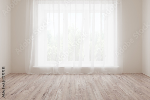 White empty room with summer landscape in window.