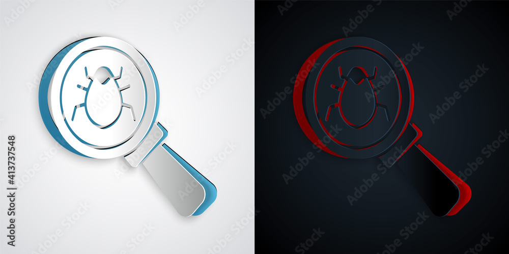 Paper cut System bug concept icon isolated on grey and black background. Code bug concept. Bug in the system. Bug searching. Paper art style. Vector. Paper cut System bug concept icon isolated on grey and black background. Code bug concept. Bug in the system. Bug searching. Paper art style. Vector.