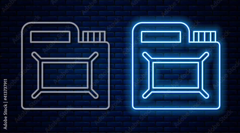 Glowing neon line Canister for motor machine oil icon isolated on brick wall background. Oil gallon. Oil change service and repair. Engine oil sign. Vector. Glowing neon line Canister for motor machine oil icon isolated on brick wall background. Oil gallon. Oil change service and repair. Engine oil sign. Vector.