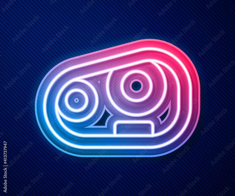 Glowing neon line Car headlight icon isolated on blue background. Vector.