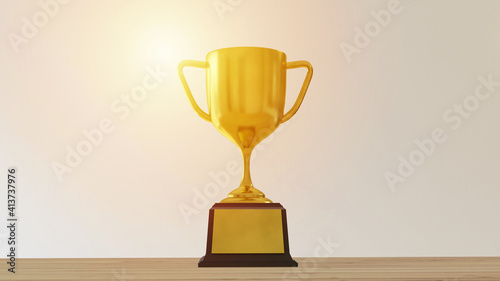 Prize for winner. Golden trophy cup in competition in 3D illustration