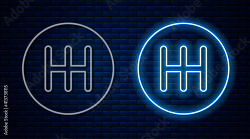 Glowing neon line Gear shifter icon isolated on brick wall background. Transmission icon. Vector.