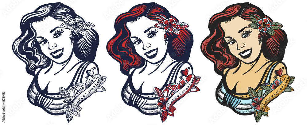 Sailor girl pin up style. Old school tattoo vector art. Hand drawn cartoon  character set. Isolated on white. Traditional tattooing style Stock Vector  | Adobe Stock