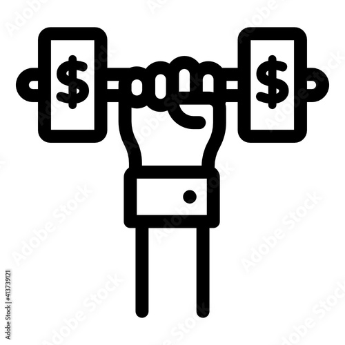 
Hand with dollar dumbbells denoting linear icon of money strength 
