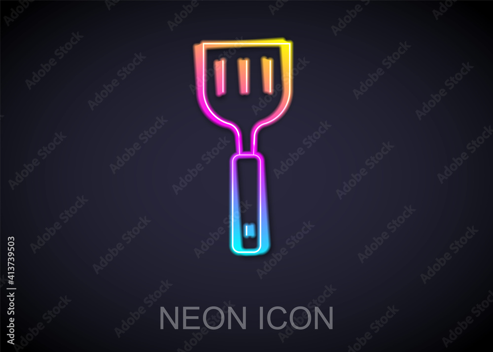 Fototapeta premium Glowing neon line Spatula icon isolated on black background. Kitchen spatula icon. BBQ spatula sign. Barbecue and grill tool. Vector.