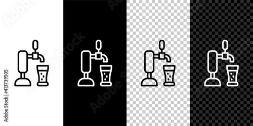 Set line Beer tap with glass icon isolated on black and white,transparent background. Vector.