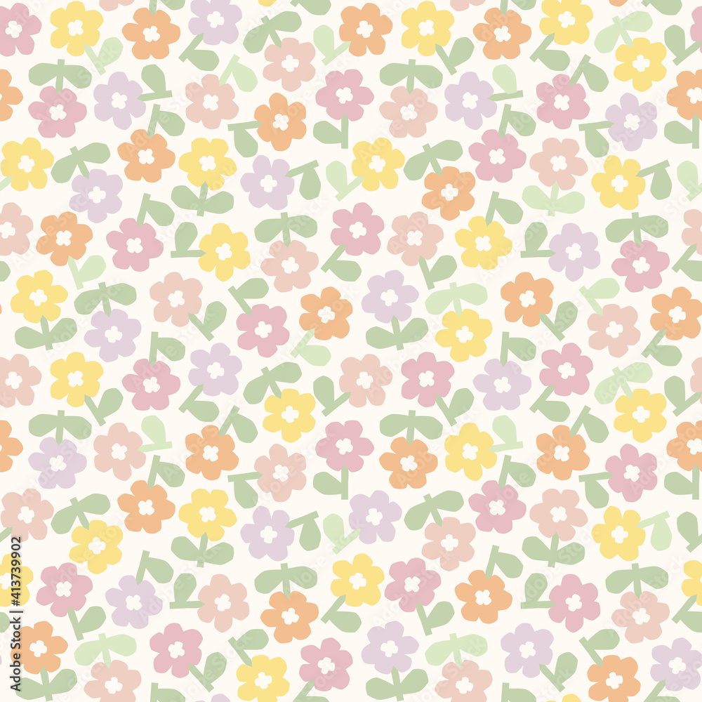 Vector simple pattern with stylized flowers in pastel colors. Cute seamless background with beige background and tiny colorful flowers. Floral pattern for fabric and paper with spring and summer vibe.