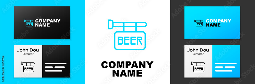 Blue line Street signboard with inscription Beer icon isolated on white background. Suitable for advertisements bar, cafe, pub, restaurant. Logo design template element. Vector.