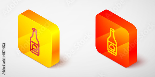 Isometric line Beer bottle icon isolated on grey background. Yellow and orange square button. Vector.