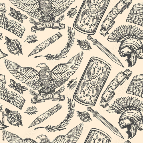 Ancient Rome pattern. Roman eagle, spartan helmet, sword and shield. History of Italy seamless background. Traditional tattooing style