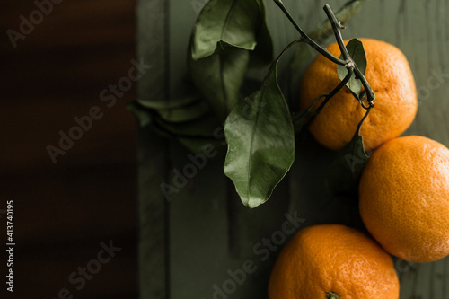 Overhead view of oranges on wooden table photo