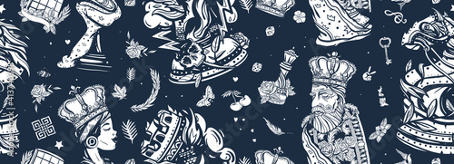 White king and black queen. Gambit. Pieces, board game. Fiery knight and burning rook. Chess seamless pattern. Old school tattoo style. Checkmate concept. Traditional tattooing art