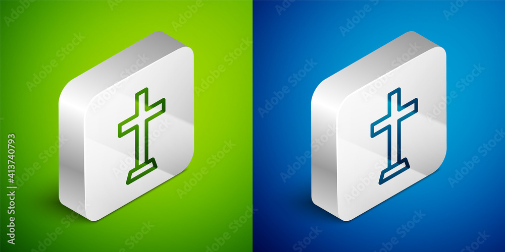 Isometric line Christian cross icon isolated on green and blue background. Church cross. Silver square button. Vector. Isometric line Christian cross icon isolated on green and blue background. Church cross. Silver square button. Vector.