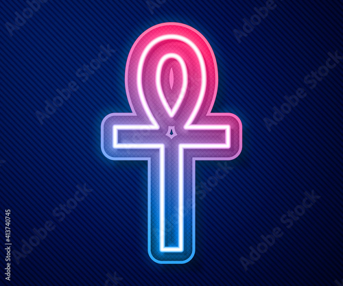Glowing neon line Cross ankh icon isolated on blue background. Vector.