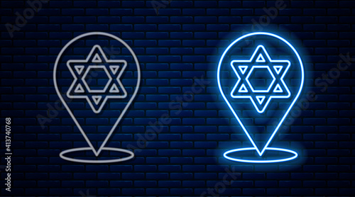 Glowing neon line Star of David icon isolated on brick wall background. Jewish religion symbol. Symbol of Israel. Vector.