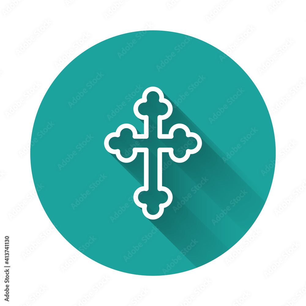 White line Christian cross icon isolated with long shadow background. Church cross. Green circle button. Vector. White line Christian cross icon isolated with long shadow background. Church cross. Green circle button. Vector.