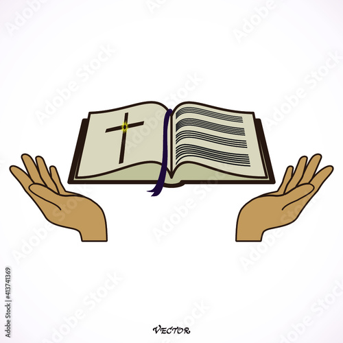 Bible Church logo. the name of the mission. Bible Society. Icon isolated on white bockground, vector. in the hands of the Bible.