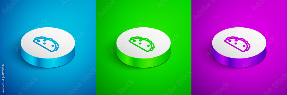 Isometric line Taco with tortilla icon isolated on blue,green and purple background. Traditional mexican fast food menu. White circle button. Vector. Isometric line Taco with tortilla icon isolated on blue,green and purple background. Traditional mexican fast food menu. White circle button. Vector.