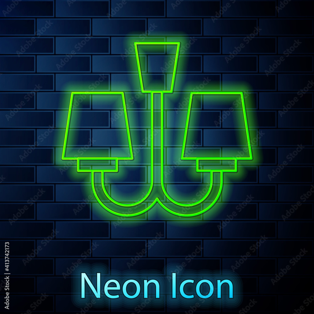 Glowing neon line Chandelier icon isolated on brick wall background. Vector. Glowing neon line Chandelier icon isolated on brick wall background. Vector.