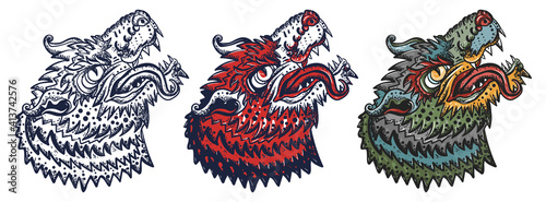 Angry wolf head. Aggressive werewolf portrait. Gothic animal. Hand drawn cartoon character set. Isolated on white. Traditional tattooing style. Old school tattoo vector art