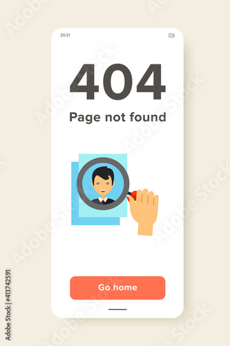Multicolored vector icon of human hand with magnifying glass on photo of applicant, representing head hunting concept