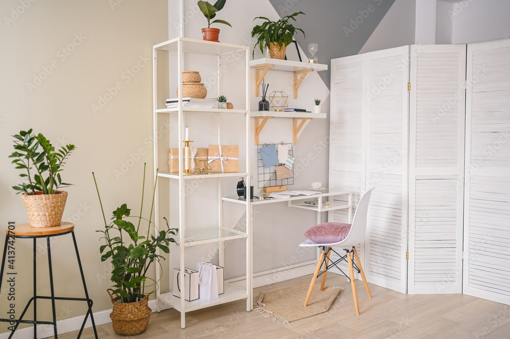 Background image of empty home office working space in a cozy apartment ...