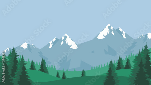 Green meadows, pine trees, with mountains landscape. vector illustration.