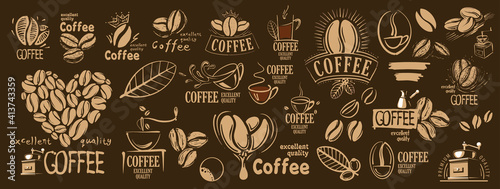 Large vector set of drawn logos and coffee elements © butenkow