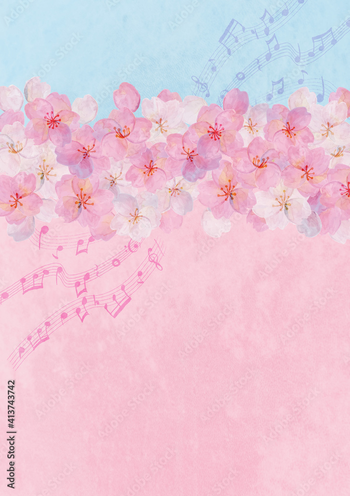 音楽と桜の背景素材　和風　和柄　ソメイヨシノ　花見