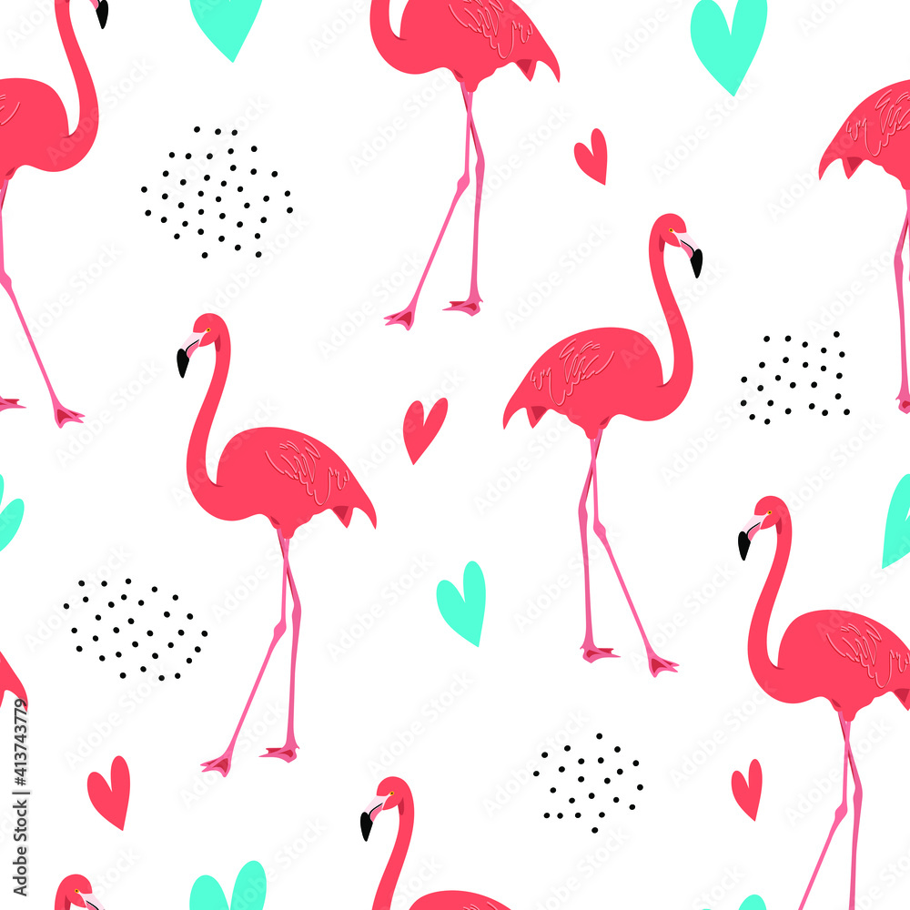 Fototapeta premium Seamless pattern with exotic pink flamingos on a white background. Birds for printing on fabric, textiles, paper, bedding. Vector graphics.
