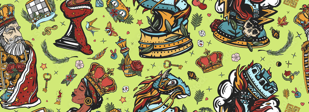 Fototapeta premium Chess pattern. Checkmate concept. Traditional tattooing art. White king and black queen. Gambit. Pieces, board game. Old school tattoo style. Fiery knight and burning rook