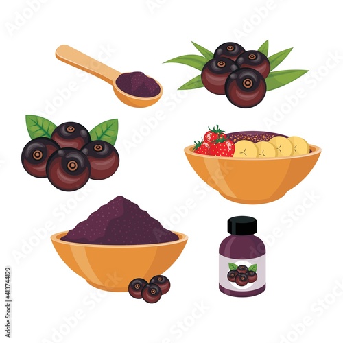 Illustration of acai berry and smoothie in bowl 