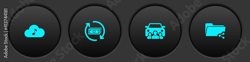 Set Music streaming service, Refund money, Car sharing and Share folder icon. Vector.