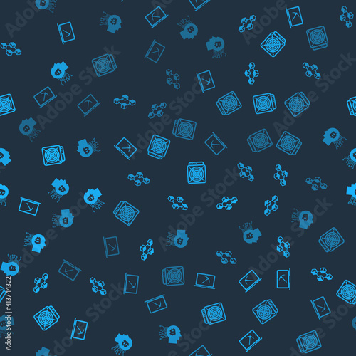 Set Mining with laptop and pickaxe, Blockchain technology, ASIC Miner and Bitcoin think on seamless pattern. Vector.